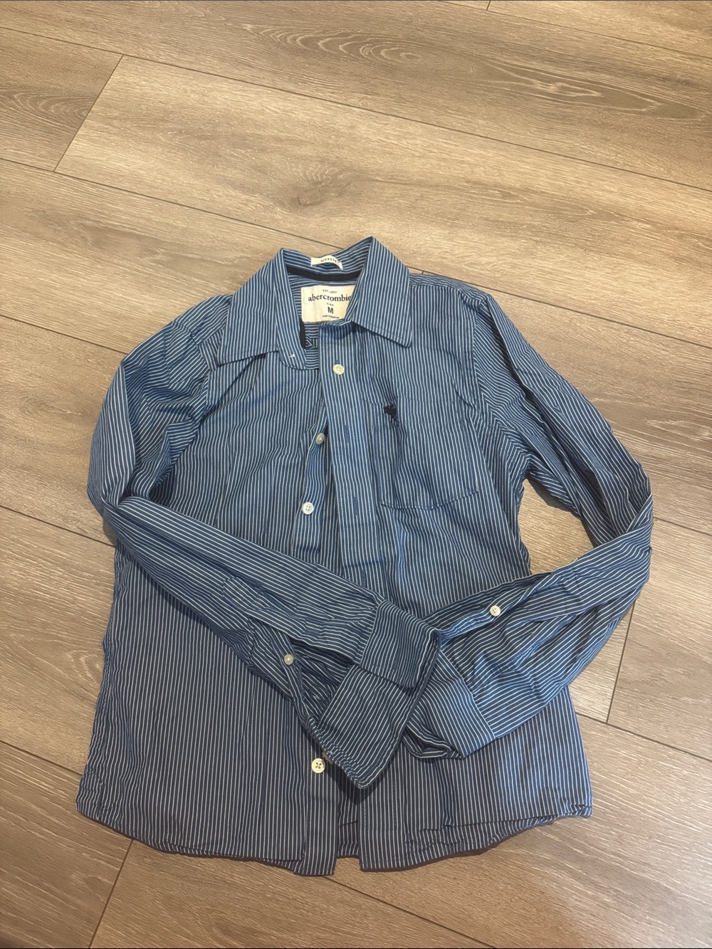 Abercrombie & Fitch Men's Navy and White Pinstripe Dress Shirt
